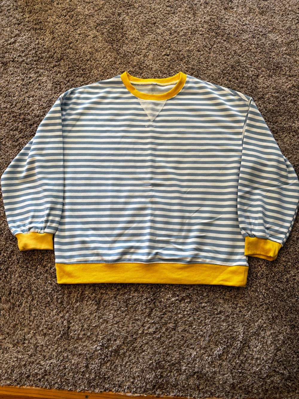 Womens Striped Blue & White Sweatshirt with Yellow Trim. Terry Lining. XL.